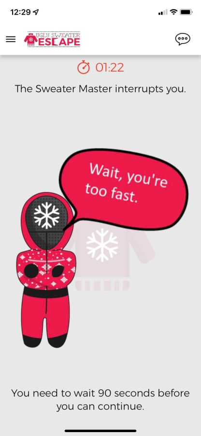 Screenshot from the Ugly Sweater Escape, showing that the player goes too fast. Thus, a time penalty is given.