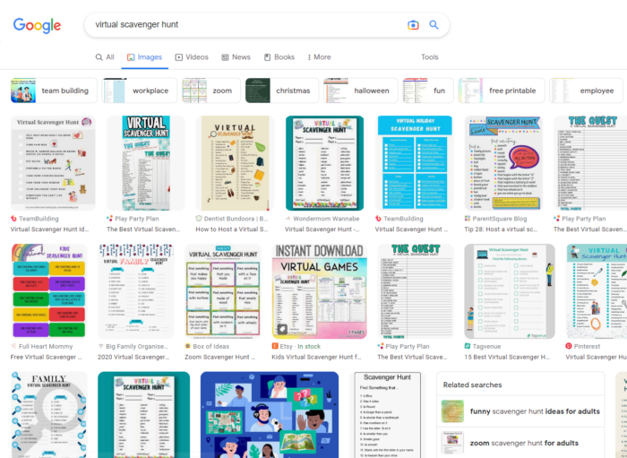 A screenshot of Google Image Search results for the query "virtual scavenger hunt"