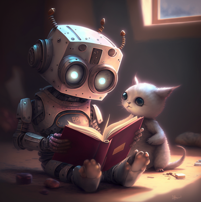 A picture generated by the AI: A robot reading a story for a white kitten
