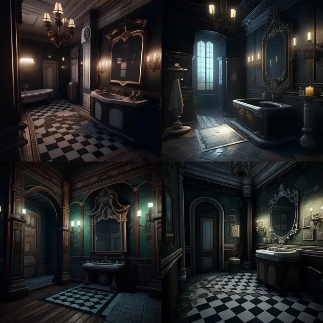 I generated toilets in a dark mansion with Midjourney