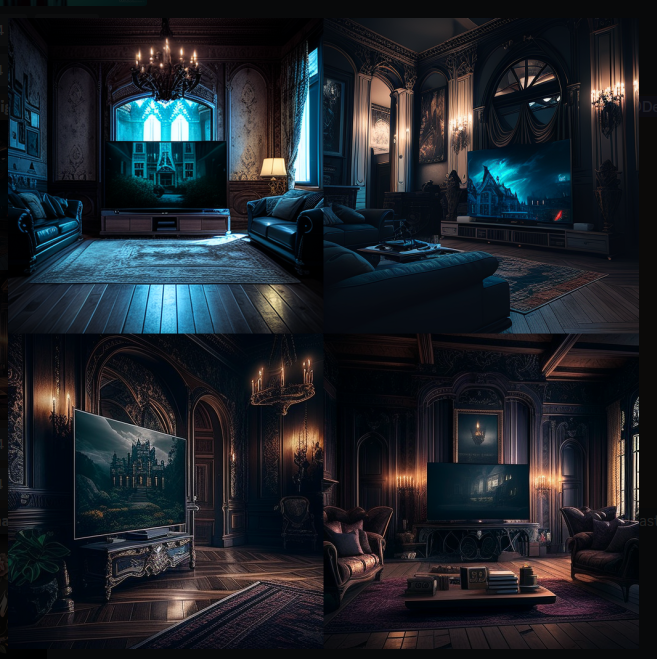 Using Midjourney, I have even better picture of a dark mansion lounge with a big TV
