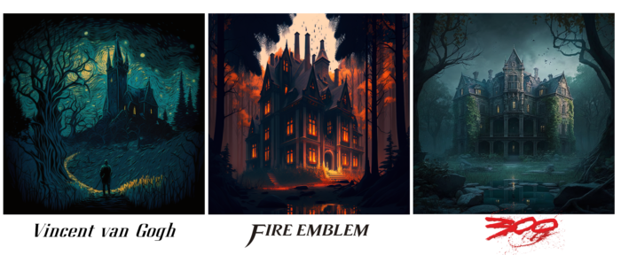 I make game illustrations of 3 dark manor, with a style of respectively van Gogh, Fire Emblem, 300