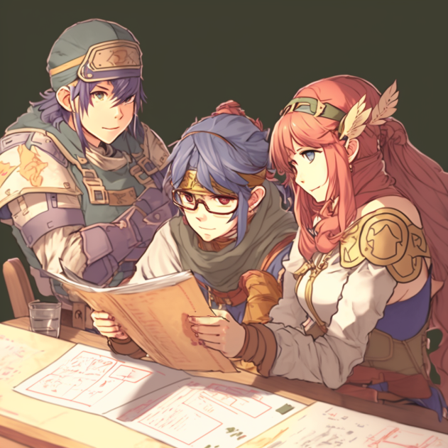 3 storytellers with the style of Fire Emblem