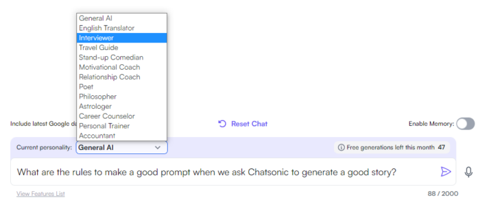 The chat panel from ChatSonic