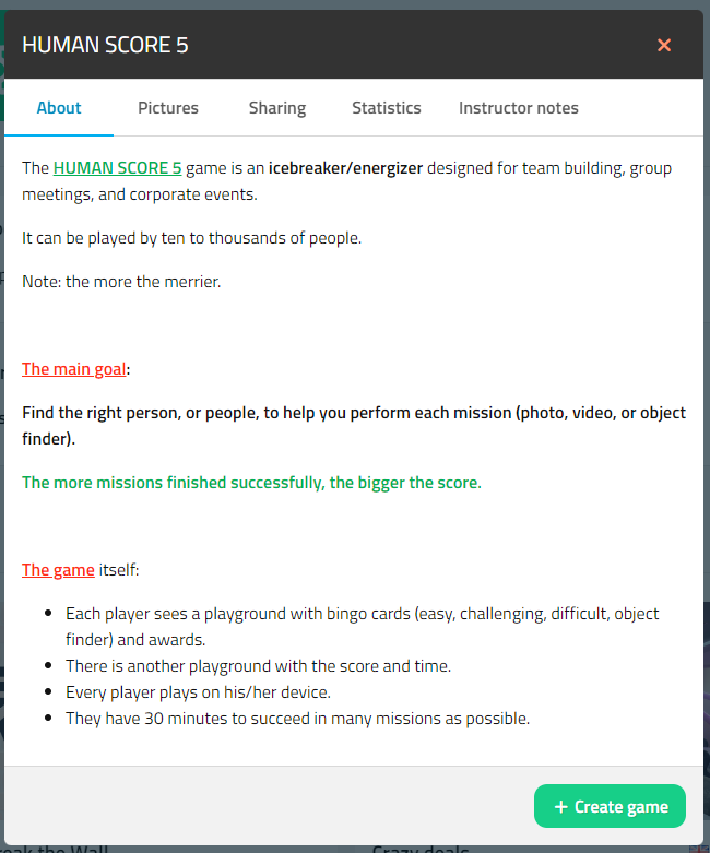 A screenshot from the Loquiz platform to create your own Human Score 5 game
