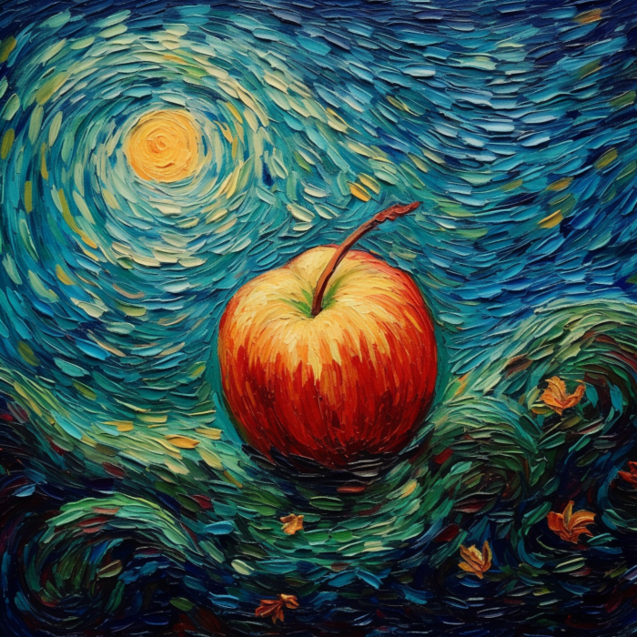 A painting of an apple with van Gogh's style.