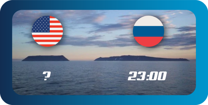 My favorite idea for an outdoor quiz: The Diomede island. On the left side we see the American Diomede island with an interrogation mark
On the right we see the Russian Diomede island with "23:00" under it.