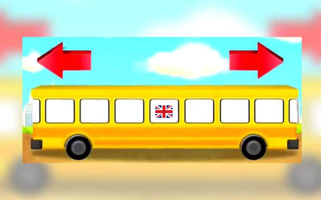 A quiz idea for outdoor games: A bus with no doors. A British flag on the side. 2 arrows left and right. Which direction does the bus go?
