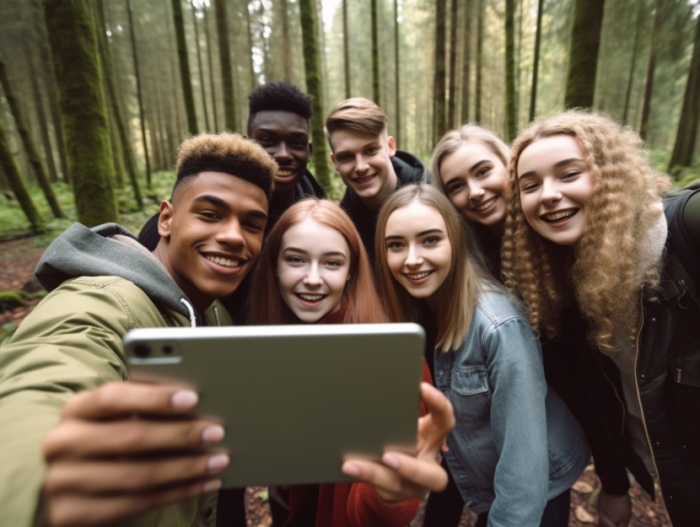 A group of young people taking a group selfie in a forest.