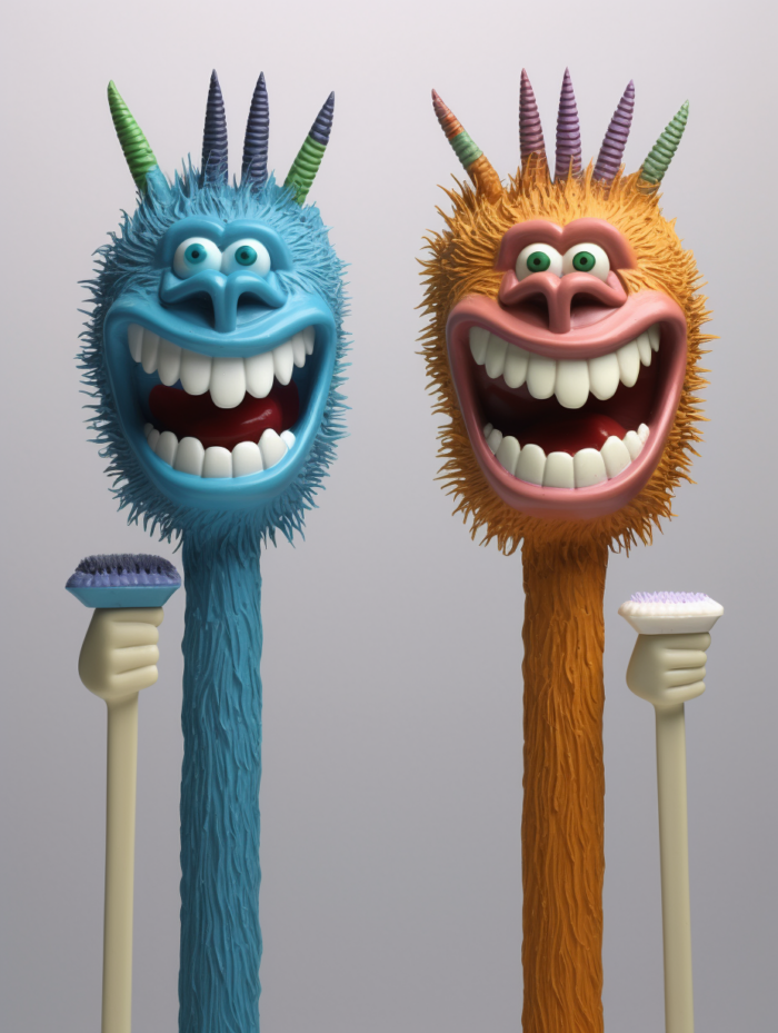 It's supposed to be 4 toothbrushes. But instead, we see 2 trolls holding a broom.