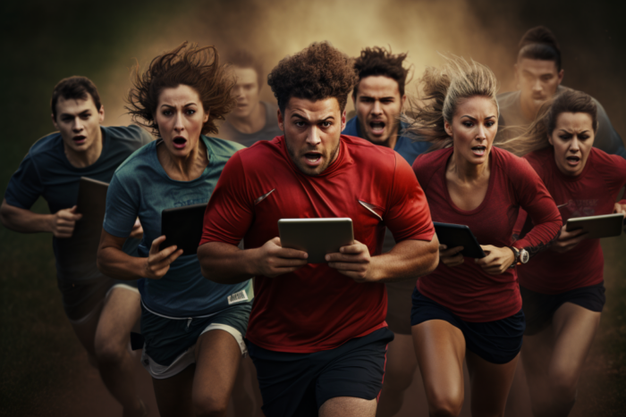 A picture of people running while playing with their tablet.