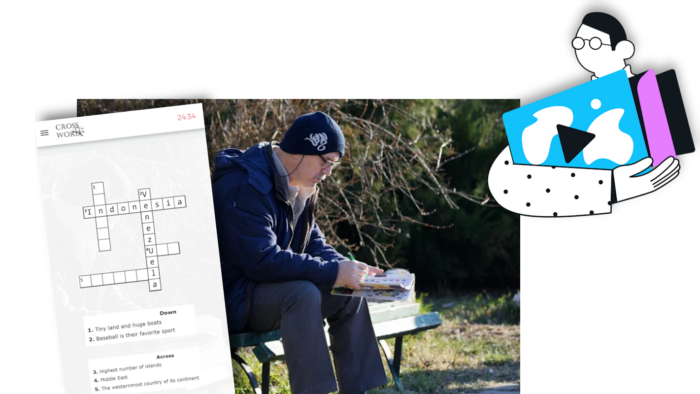 A screenshot of the loquiz game, a man playing crossword