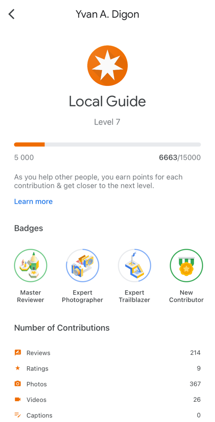 Google Maps screenshot: Dashboard for the points and the badges