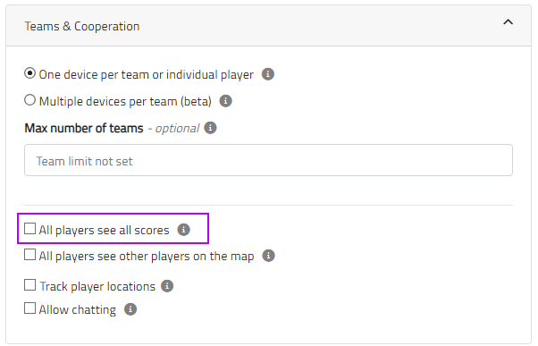 3. Configuration > Team & cooperation > "All players see all scores"