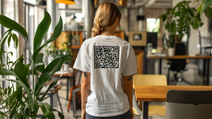 A lady with a QR code on her Tshirt