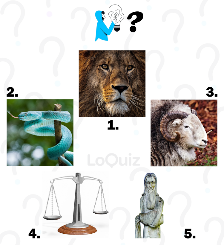 Find the intruder: Snake, lion, ram, balance, man pouring water