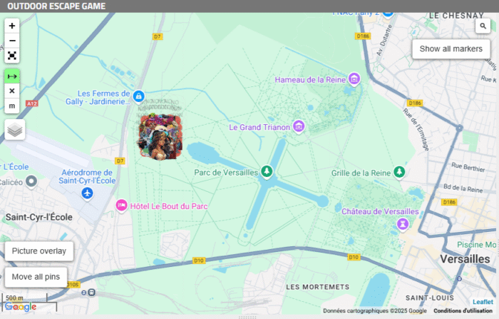 Create an outdoor escape game in Versailles, view on a map