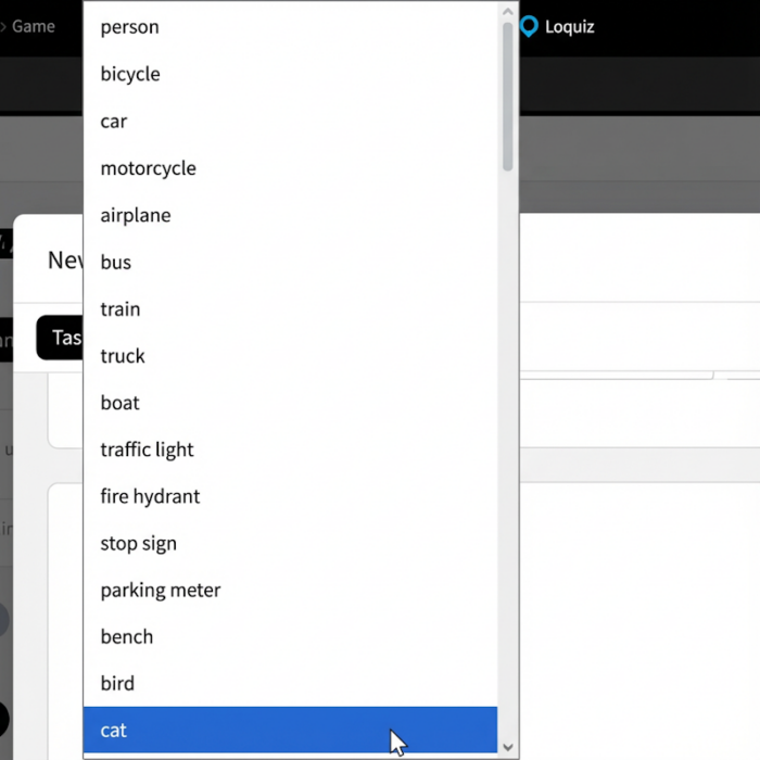 Screenshot of the Loquiz Creator on the selection of item to find (selected on "cat")