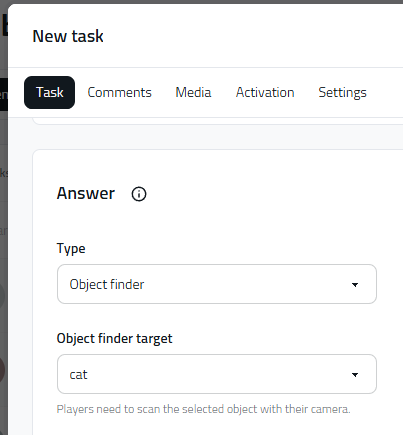 New task creation, selection on "Object Finder" for task type and "cat" for Object finder target