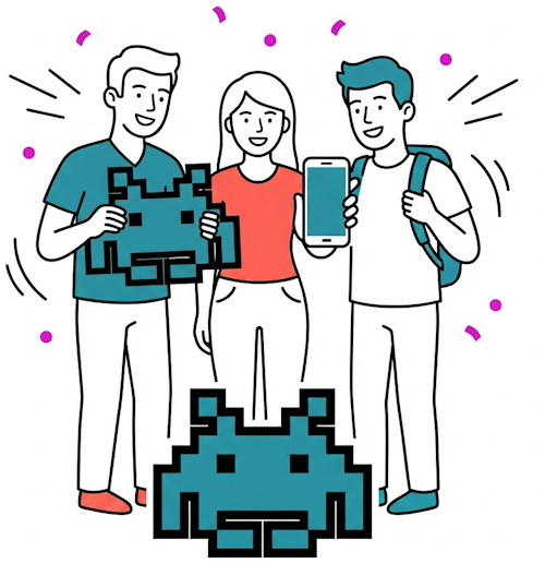 Group of people having fun with Space Invaders monsters