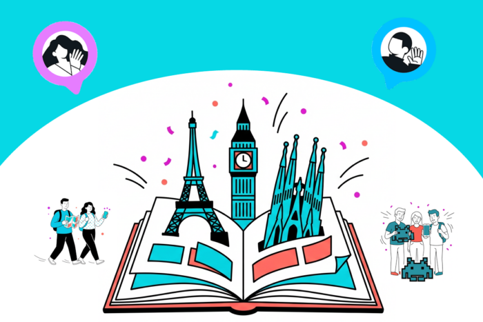 A pop up book and walking people enjoying a mobile phone tour