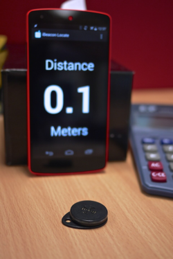 A phone showing its distance of 0.1 meter to the iBeacon